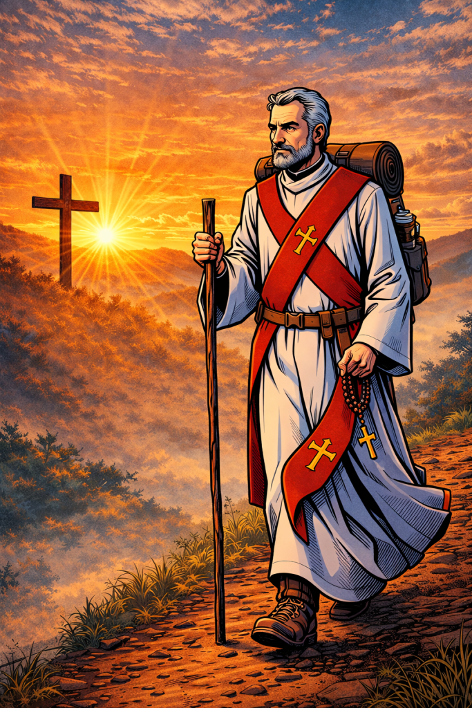 Priest wearing red and white robes hiking with a backpack, holding a rosary and walking stick at sunrise near a wooden cross on a mountain path