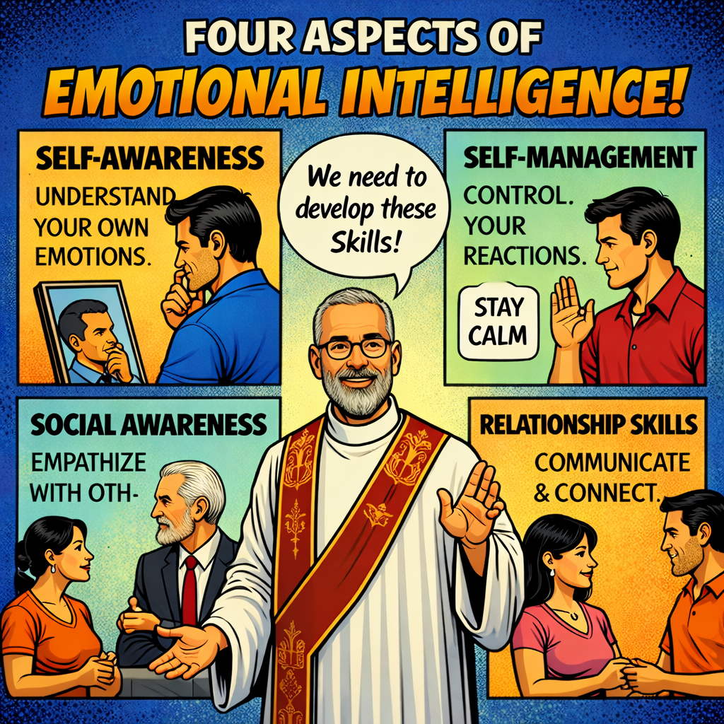 Four aspects of emotional intelligence: self-awareness, self-management, social awareness, relationship skills, with illustrations